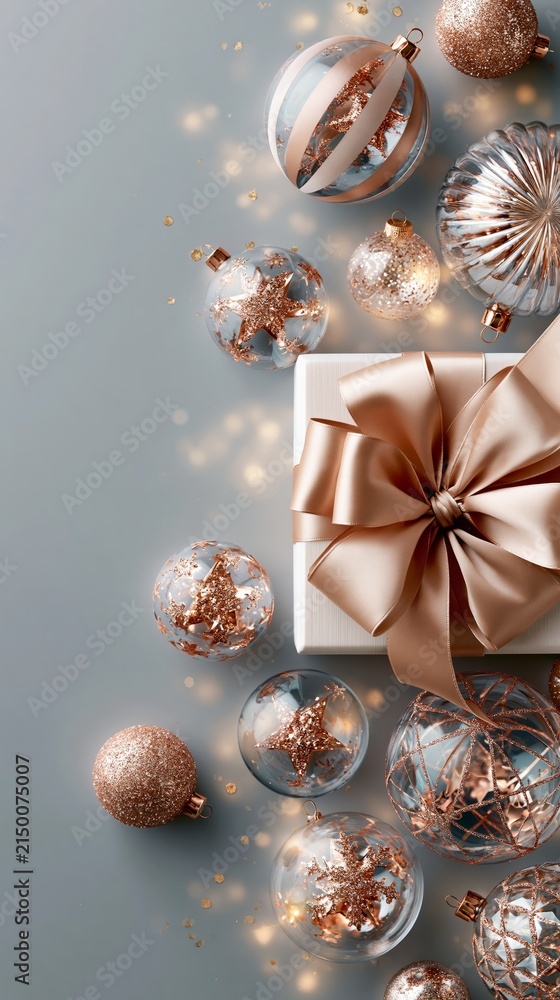 Obraz premium Elegant rose gold Christmas ornaments and a gift box with a large bow on a soft grey sparkling background.