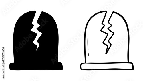 Fotografie Broken Tombstone Icon: A stark illustration of a cracked tombstone, symbolizing loss, remembrance, and the ephemeral nature of life, presented in both solid black and outline styles