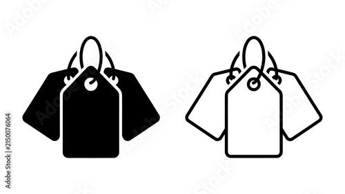 Set of Price Tags: Two sets of blank price tags, one solid black and the other outlined, dangle from loops, ready for customization and pricing.