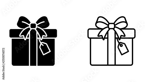 Gift Box Iconography: A set of minimalist icons representing a gift box, one solid black and one outlined, both featuring a ribbon and a tag, symbolizing giving and celebration.