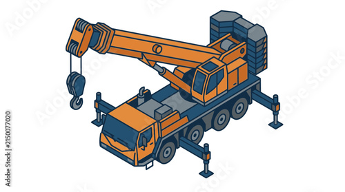 Crane truck with extended hydraulic stabilizers is depicted in a detailed isometric illustration for industrial engineering and heavy construction equipment documentation purposes.
