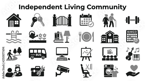 Set of isolated independent living community icons representing senior care services and lifestyle amenities for elderly residents