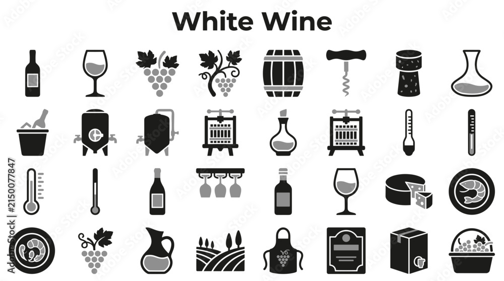 Obraz premium Set of white wine icons featuring grape clusters winery equipment bottles glasses and culinary pairings isolated on white background