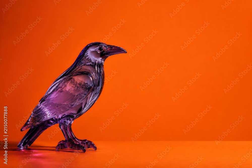 Naklejka premium Transparent Violet Glass Raven on Vibrant Orange Halloween Background