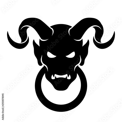 Картината върху платно Triangular Tribal Ram Horn Logo, Biker Crest With Skull Ring, Aggressive Vector