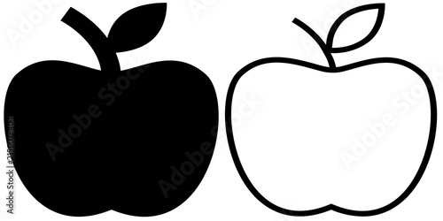 Two apple icons in flat vector style, one black silhouette and one outline, isolated on white. Simple minimalist fruit clipart for nutrition, education, and food design projects.