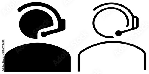Two person avatar icons wearing headsets, black silhouette and white outline, isolated on white. Flat vector design for customer service and call center concepts.