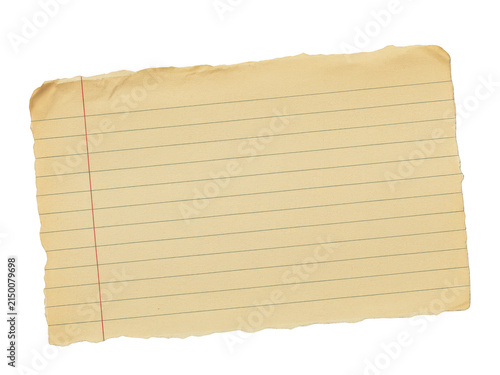 Bild auf Leinwand Aged scrap of lined notebook paper with red margin line isolated on transparent