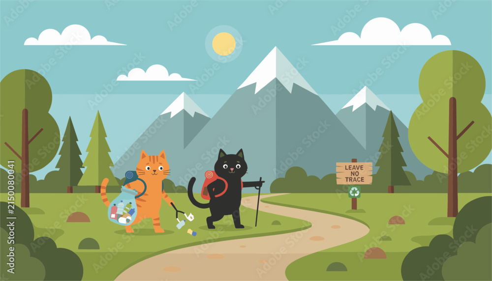 Naklejka premium Two adorable companion cats hike on mountain trail while picking up litter to follow leave no trace environmental rules.