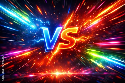 Versus Background, Competition Battle Confrontation, Rivalry Clash Duel, Comparison Versus Sign Logo Concept, Graphic Design Versus Screen, Neon Light Effects, Dynamic Energy Sparks, Vibrant Color