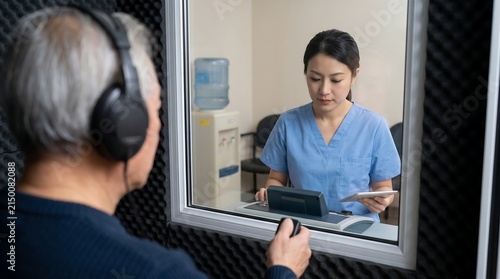 Senior man undergoing hearing test in an audiometry booth