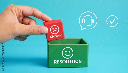 Hand placing complaint block into resolution box with customer service support icons showing problem solving process