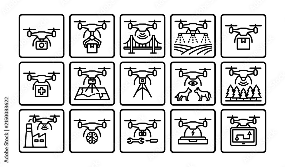 Fototapeta premium Set of fifteen black and white line icons representing various drone applications and modern unmanned aerial vehicle technology