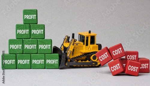 Yellow construction bulldozer balancing profit blocks against cost blocks in business financial illustration