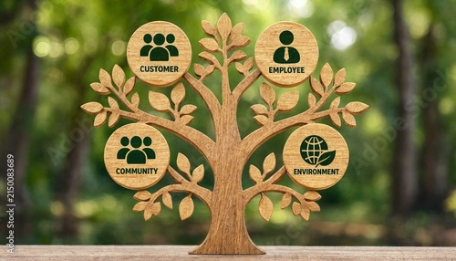 Wooden tree illustration representing corporate social responsibility with customer employee community and environment icons