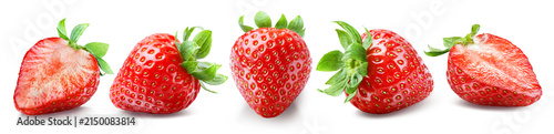 Set of five ripe juicy strawberriess, two of which are cut in half, isolated on transparent background.