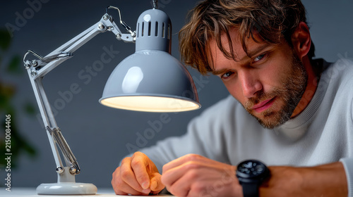 Man working under an adjustable desk lamp concentrating on detailed task for creative workspace poster and background design