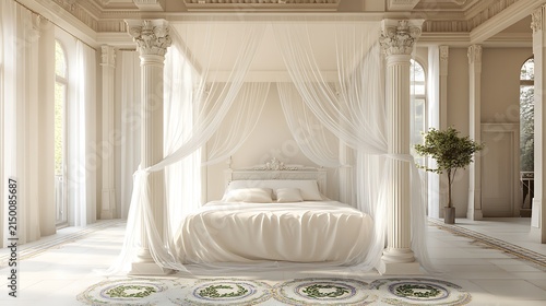 Elegant classical bedroom interior with white canopy bed supported by ancient Roman style columns and soft flowing curtains in bright daylight