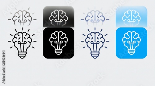 Eight square icons of light bulbs with brains inside, varied backgrounds and outlines, symbolizing creativity, intellect, and innovative thinking…