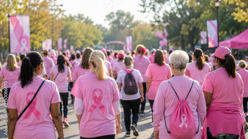 A diverse group of people walking together outdoors wearing pink shirts and ribbons. Breast cancer awareness walk concept.