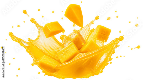 A juice splash and mango pieces isolated on transparent background