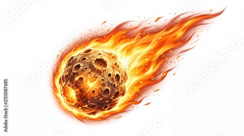 Burning meteorite rock falling through space with intense orange flames captured against isolated on white background