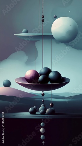 Abstract still life arrangement with floating fruit and sphere.