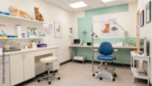 blurred interior of a modern veterinary clinic examination room with medical equipment, pet posters, and white cabinetry.
