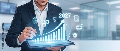 Business professional analyzing data trends with futuristic graphics on a tablet projecting growth and innovation for 2027 in a modern office environment.