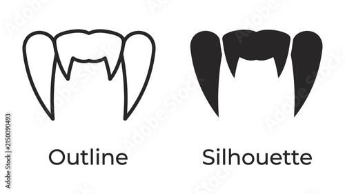 Cuadro en lienzo Vampire Fangs Icon: Two sets of vampire fangs, one in outline and one as a silhouette, presented side-by-side for comparison and graphic design use
