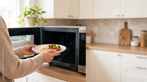 電子レンジに健康的な食事を入れる女性の手元とモダンキッチンのコピースペース