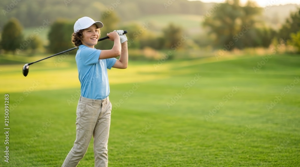 Fototapeta premium Young junior golfer smiling after successful swing on golf course