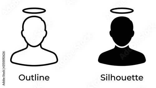 фотографія Halo Icon Set: A collection of two icons representing a human figure with a halo, one in an outline style and the other as a solid silhouette, symbolizing virtue or sainthood