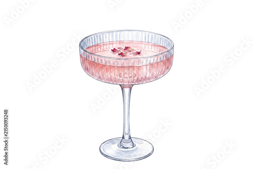 watercolor ribbed coupe glass pink floral cocktail illustration with dried rose petals garnish isolated on transparent background