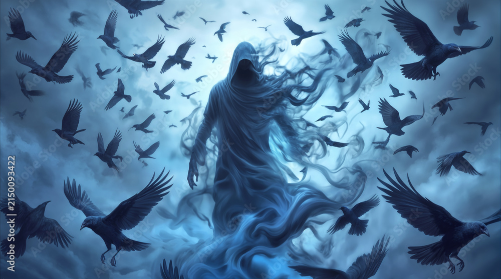 Naklejka premium Grim reaper silhouette emerging from smoke surrounded by flock of black crows. Dark fantasy concept of death and afterlife.