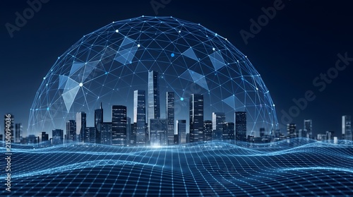 Abstract digital network dome over futuristic cityscape at night