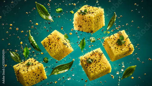 Dhokla cubes floating with mustard seeds, curry leaves and green chili, vivid dark turquoise background