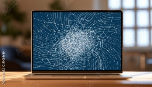 Laptop screen displaying a complex cracked glass pattern with a central impact point