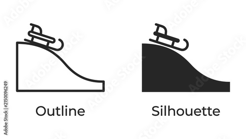 Canvastavla Sledding Downhill Icon Set: A graphic representation of a sled poised at the top of a snowy incline, showcasing both an outline and silhouette version for versatile design applications