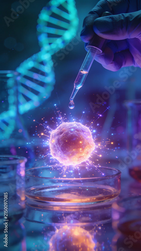 Gloved scientist hand dropping liquid with pipette onto glowing cell culture hologram.