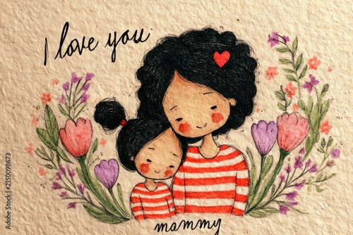 Soft Pastel Mother and Child Family Illustration with Flowers