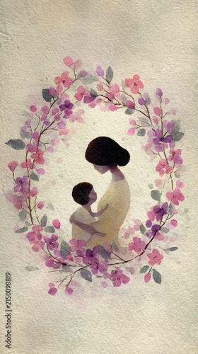 Mother and Child in Soft Floral Wreath Watercolor Illustration