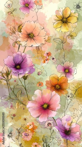 Watercolor Floral Pattern with Pink Yellow and Purple Flowers
