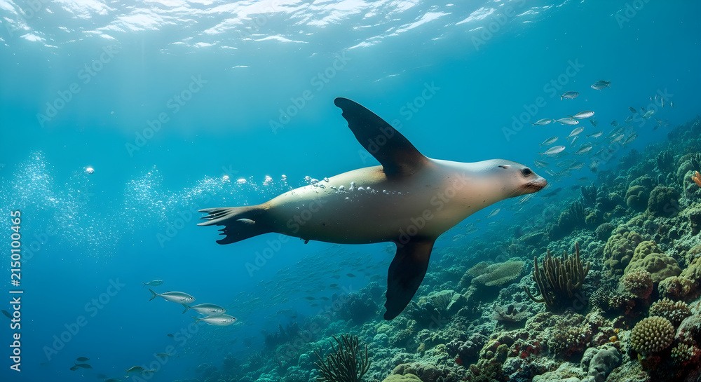 Fototapeta premium Sea lion swimming underwater in the blue ocean