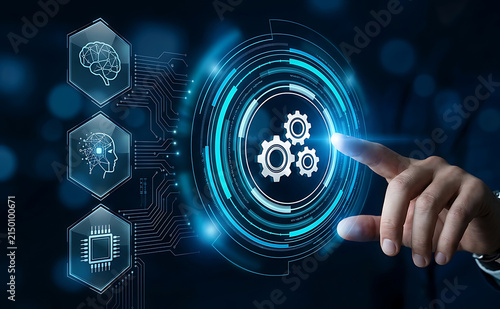 A premium futuristic human-computer interaction scene in a dark high-tech environment. A realistic human hand extend right side of the frame, with the index finger gently touching 