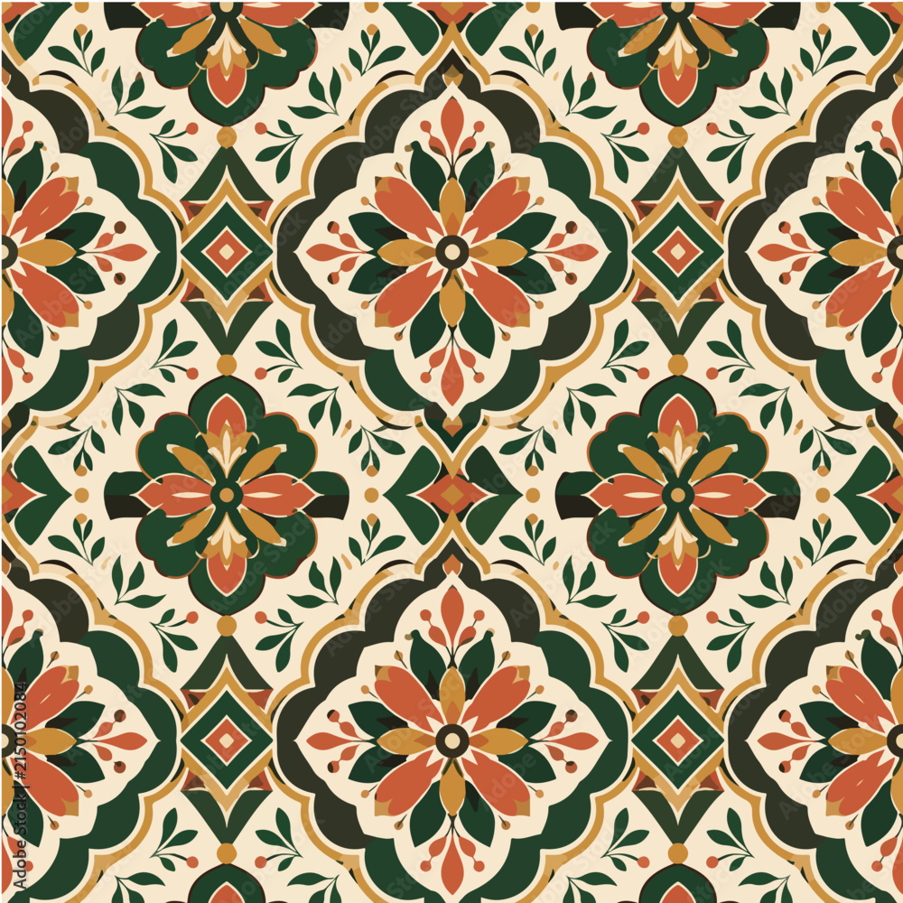 Fototapeta premium Vintage Floral Tile Seamless Pattern with Geometric Ornaments