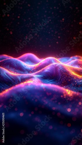 Abstract glowing neon wave background with particles and optical bokeh effects for digital technology design  9：16