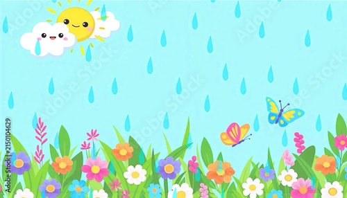 Cute Kawaii Rainy Spring Garden Background