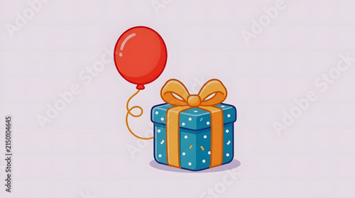 Cute cartoon blue gift box with white polka dots and a floating red balloon for birthday party