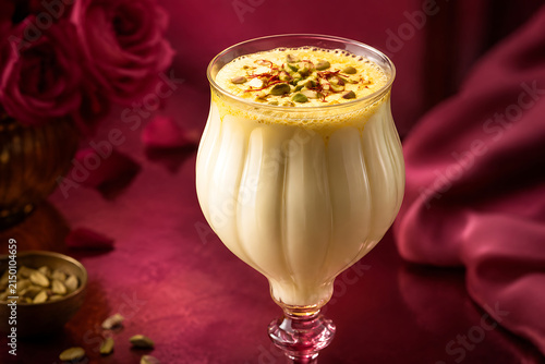 Lassi in a sculptural glass with saffron foam and pistachios  dark rose background